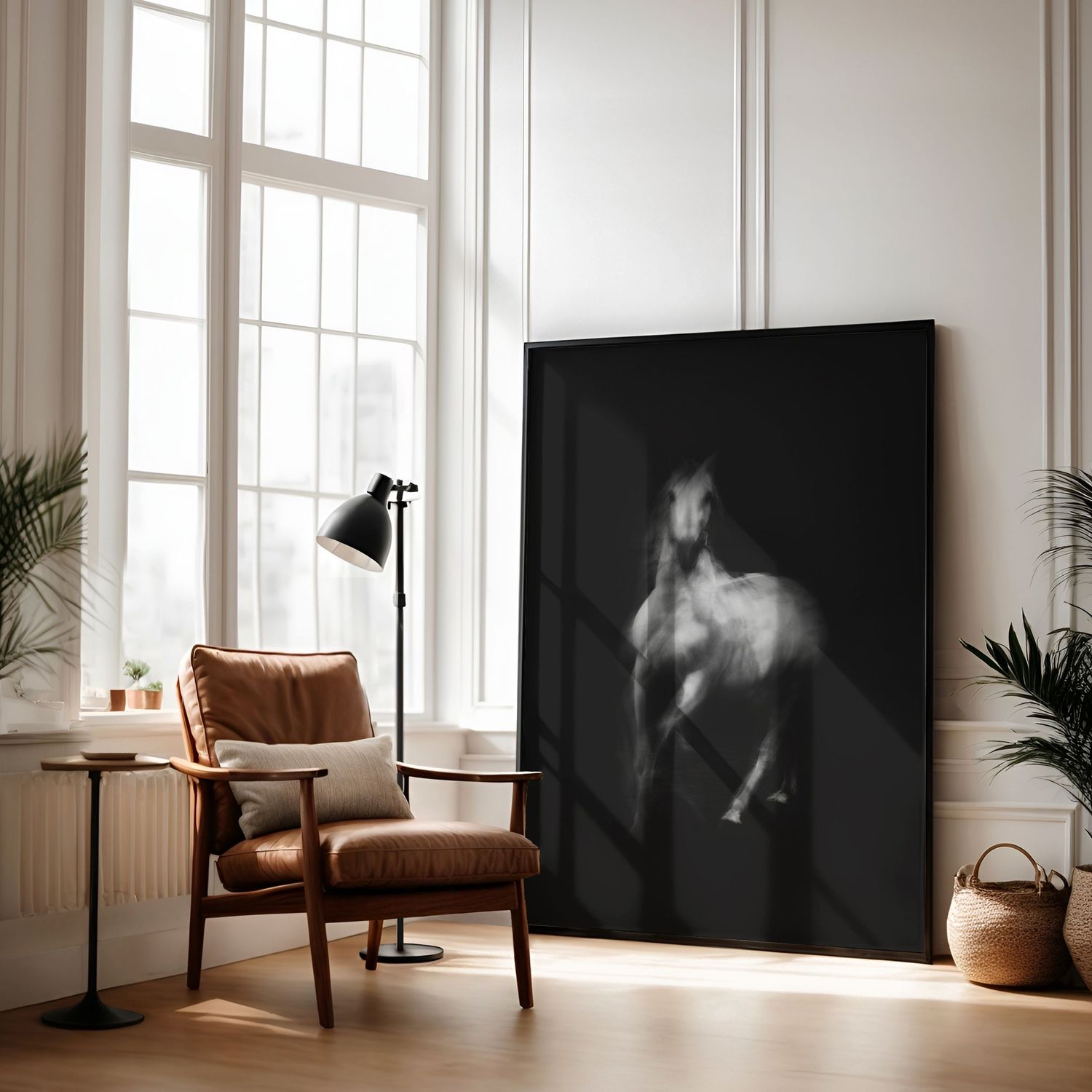 Black and white blurred horse art print in dark frame leaning against wall in modern living room.