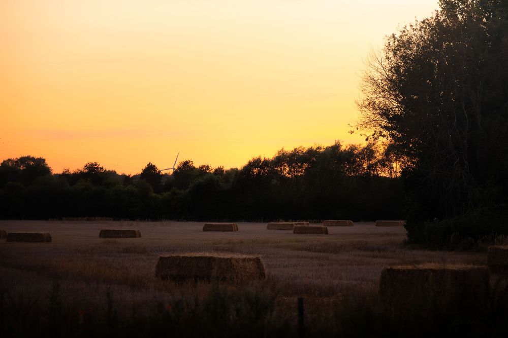 Golden sunset over a harvested field with hay bales silhouetted against an orange sky and dark tree line.