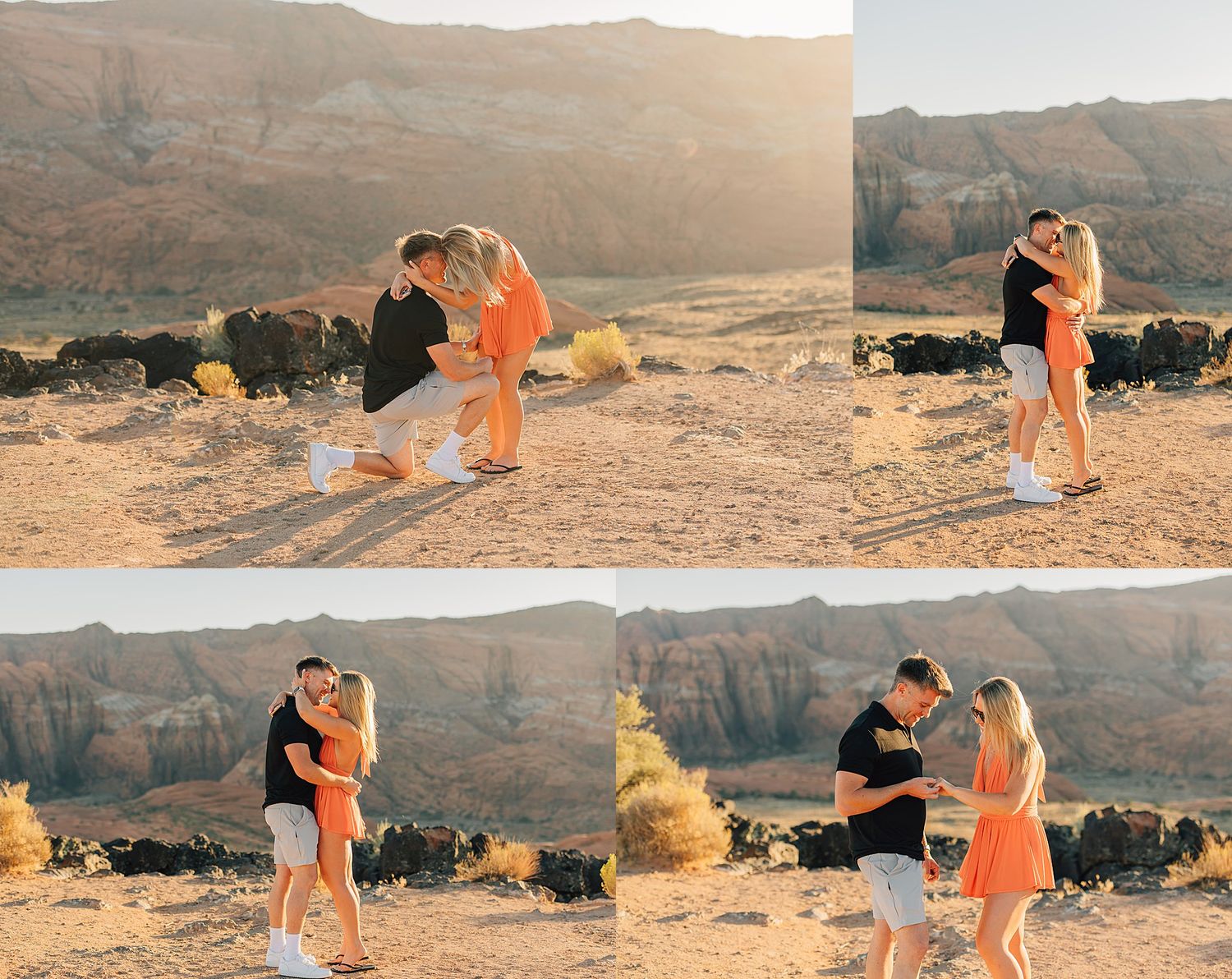 Couple sharing a romantic marriage proposal moment in a stunning desert landscape at golden hour.