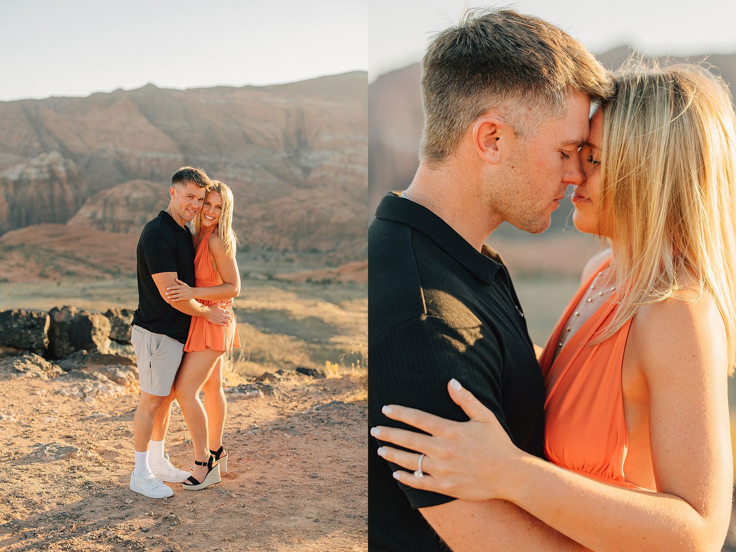 Couple embracing during golden hour engagement photos in a desert landscape with red rock formations in the background.