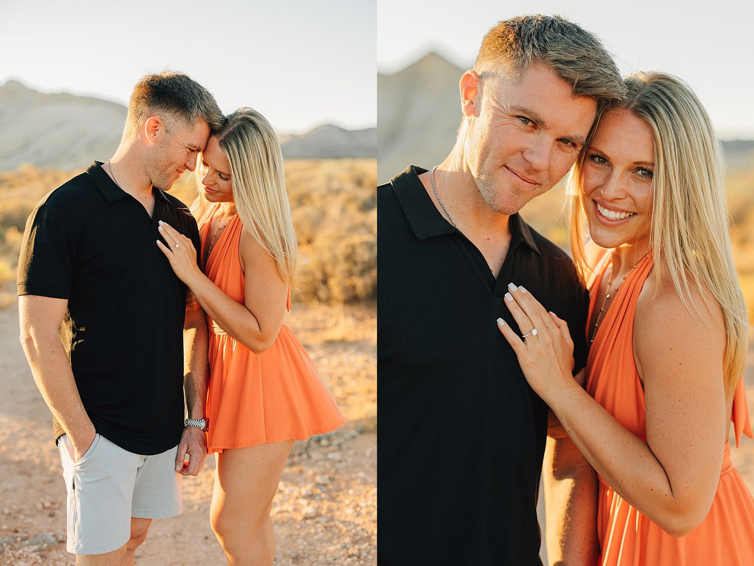Couple in desert at sunset, woman in orange dress showing engagement ring, man in black shirt, romantic proposal photo.