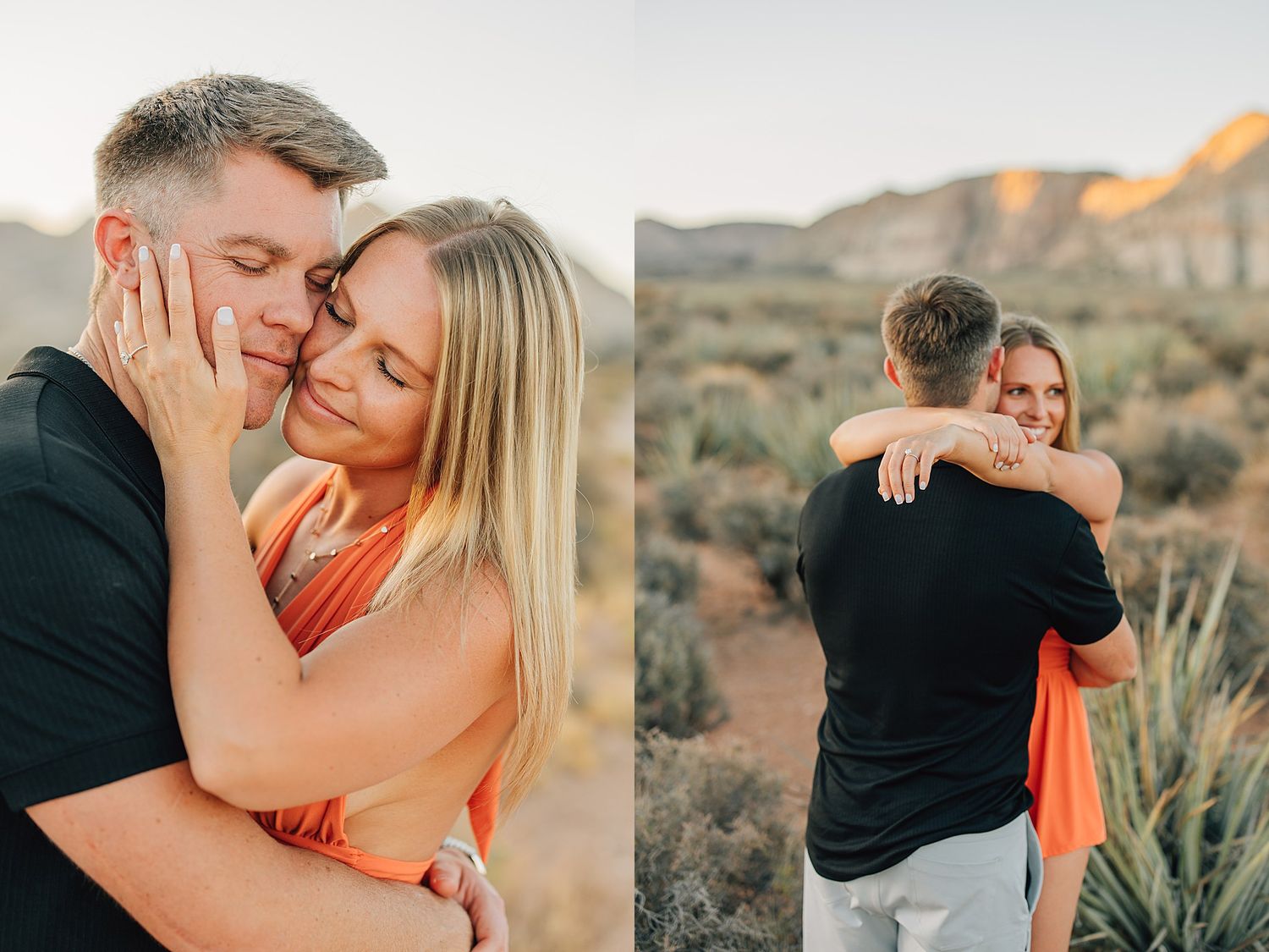 Couple embracing tenderly in desert landscape at golden hour, woman in orange dress smiling warmly.
