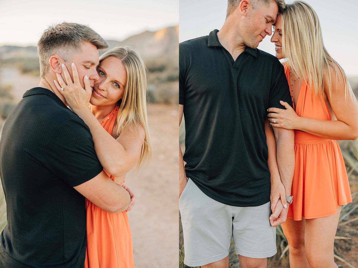 Couple in matching black and orange outfits share a romantic embrace during an outdoor engagement photo session in a desert setting.