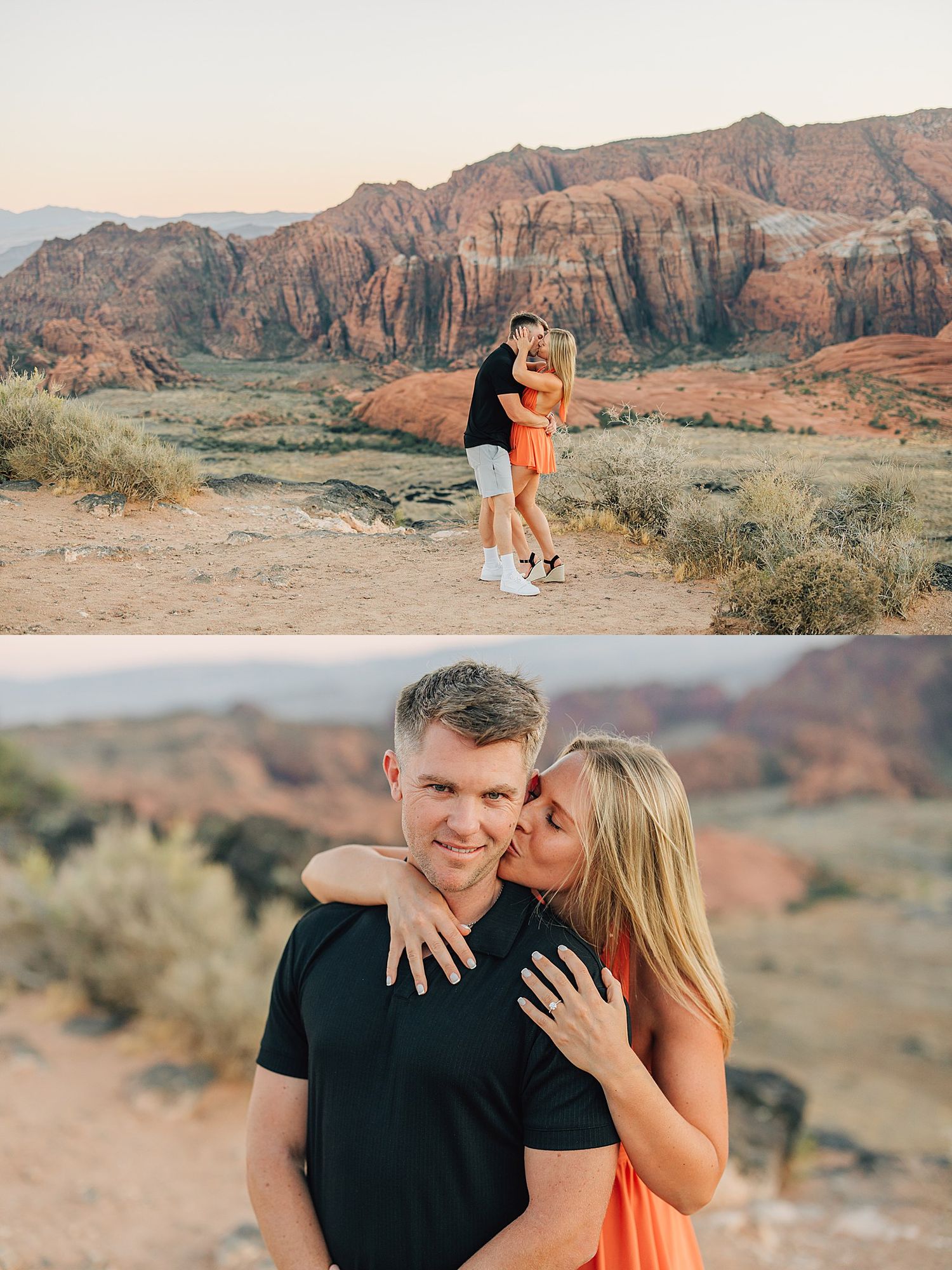 Couple embracing at sunset with stunning red rock canyon landscape at Snow Canyon State Park in Utah.