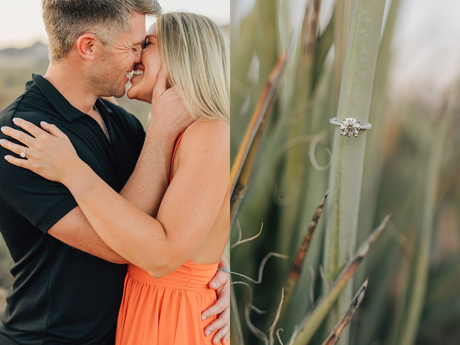 Couple embracing and kissing during engagement photo session with close-up of diamond engagement ring on plant.