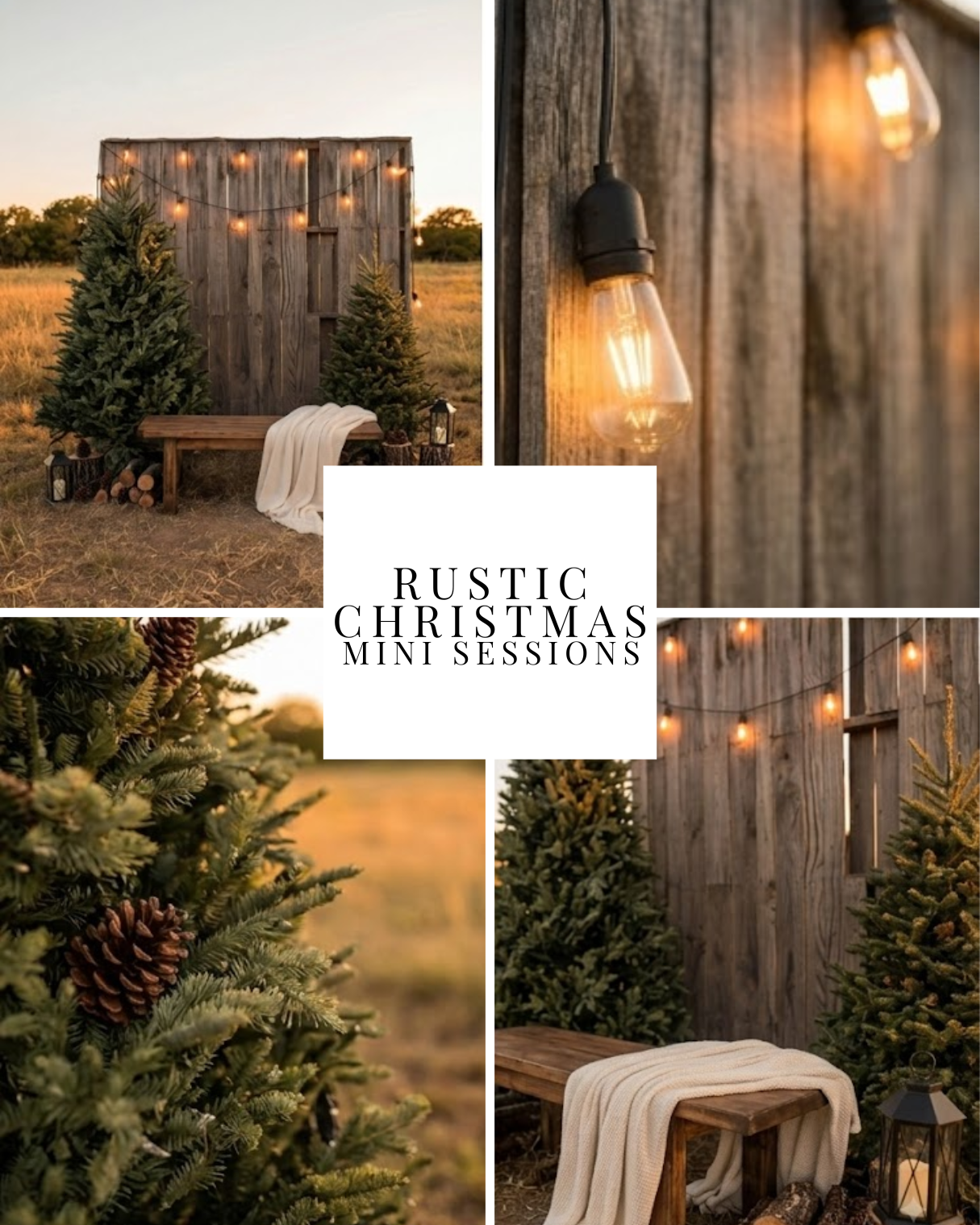 Rustic pumpkin mini sessions featuring barn wood, Edison lights, hay bales, orange pumpkins, and yellow mums in fall decor.