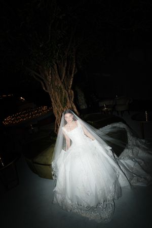 A bride in a flowing white wedding gown illuminated at night against a dark background with twinkling lights.