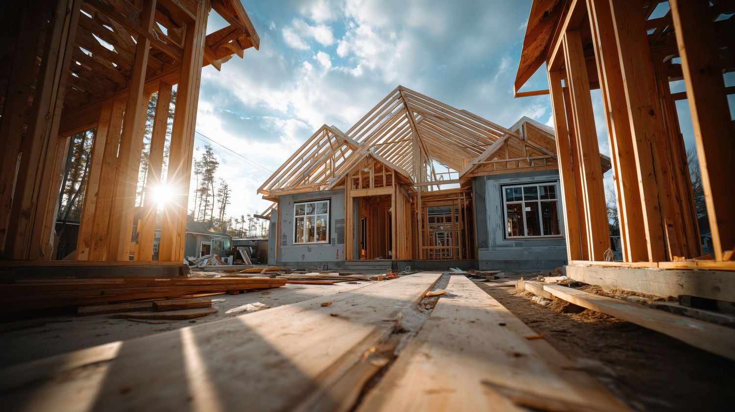 Panoramic view of wooden house construction site with exposed beams against dramatic cloudy sky at sunset.