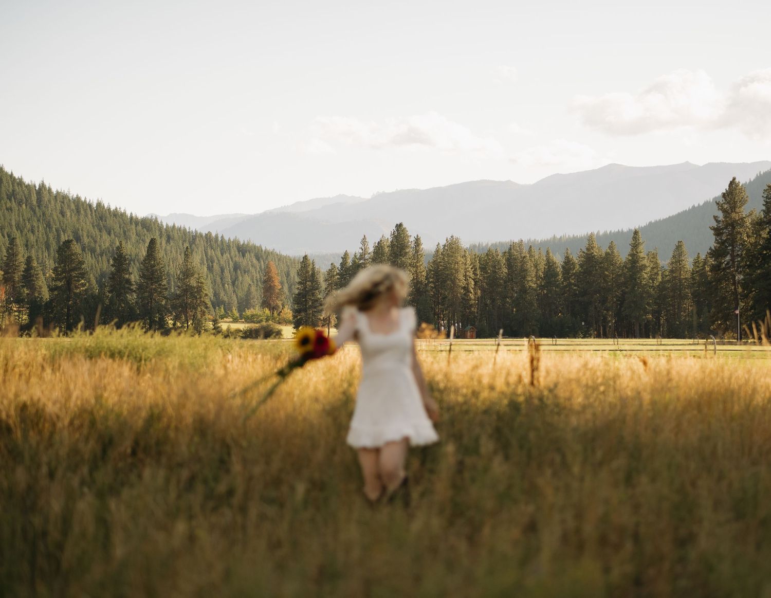 Blurred figure in white dress dancing in mountain meadow at dusk.