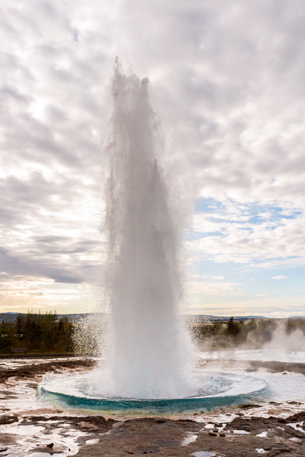 Geothermal geyser erupting with powerful steam and hot water against cloudy sky at Yellowstone National Park.