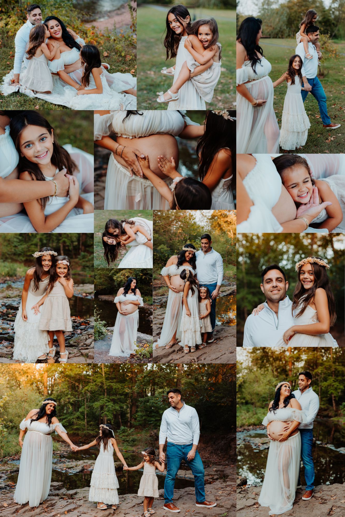 A romantic outdoor engagement photo session featuring couples in white dresses and casual attire by a scenic creek.