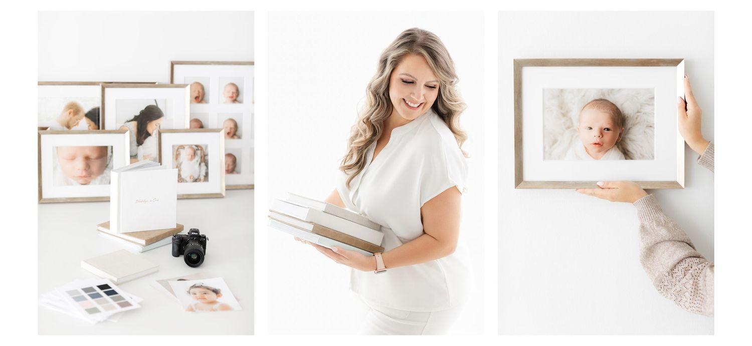 A series of professional white studio portraits showing pregnancy progression and maternity milestones.