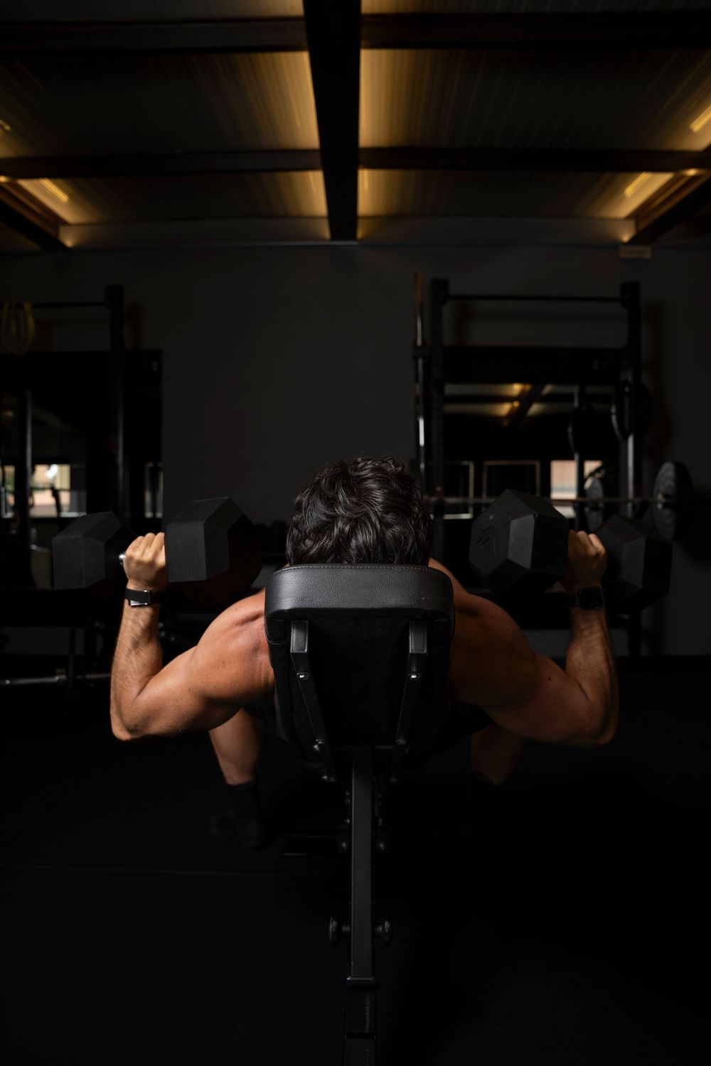 Low-light shot of a person performing a seated dumbbell press; moody, high-contrast gym lifestyle and branding content.