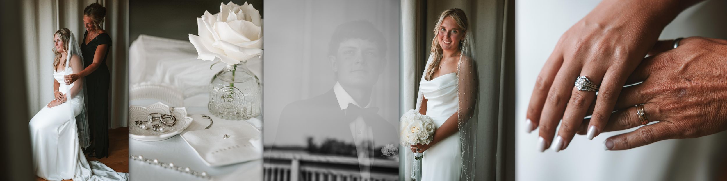 A series of black and white wedding photography detail shots showing rings, hands, and decor elements.