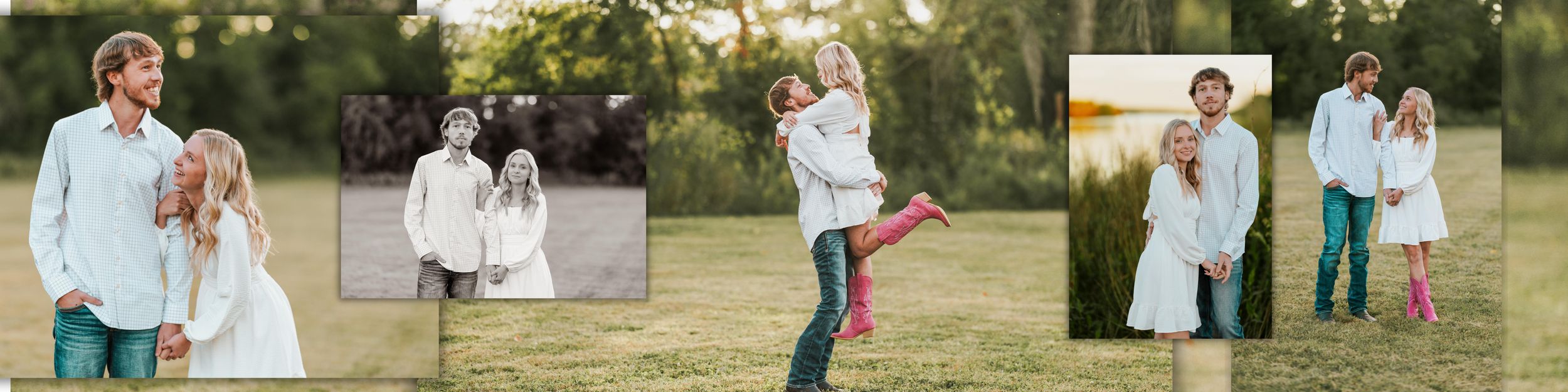 A romantic couple shares playful and tender moments together in a sunny outdoor setting with green grass and trees.