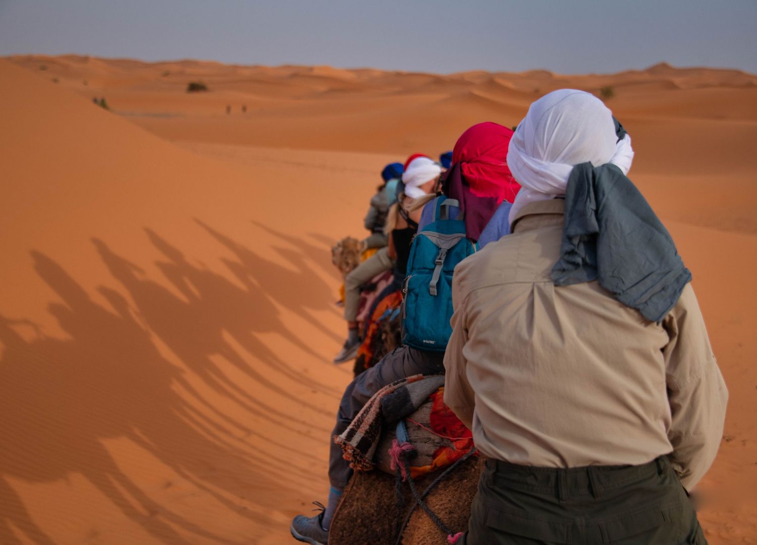 Tourists ride camels in a line through rolling orange sand dunes in the Sahara Desert at sunset.