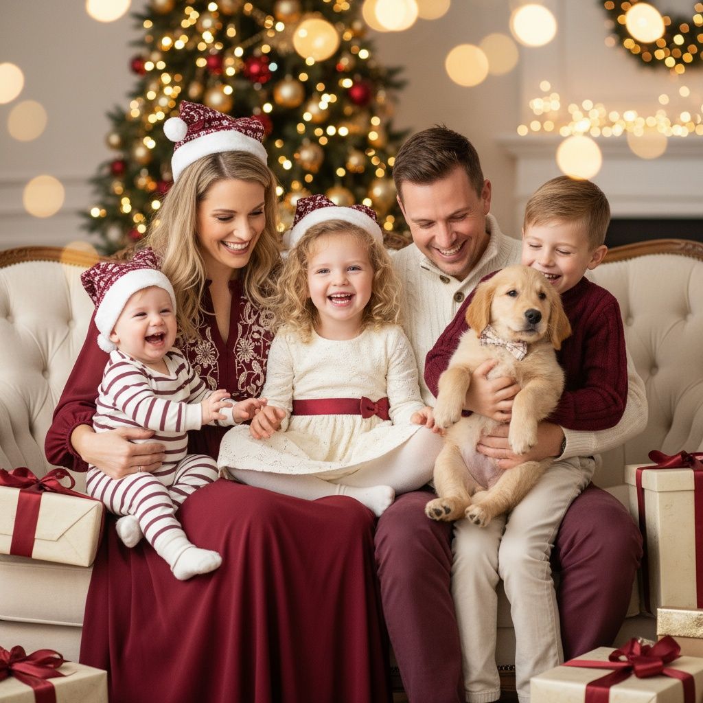 Family enjoying Christmas time together on couch with decorative lights and tree in background.