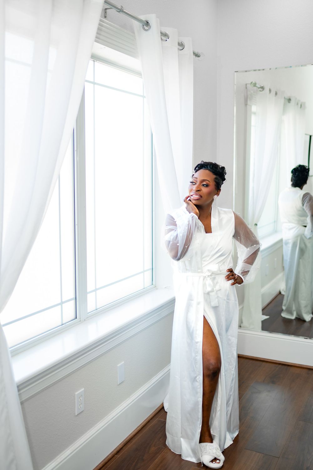 A sequence of bridal preparation moments in a bright white room with flowing curtains and natural light.