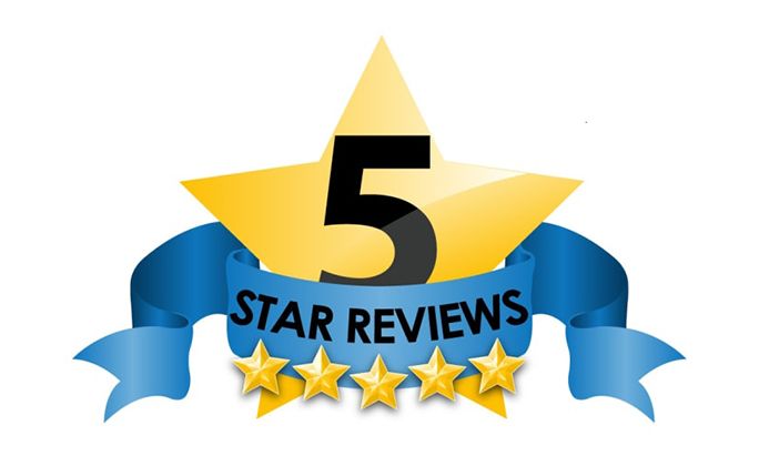 A gold star with the number 5 and blue ribbon banner displaying 5 star reviews with gold stars below.