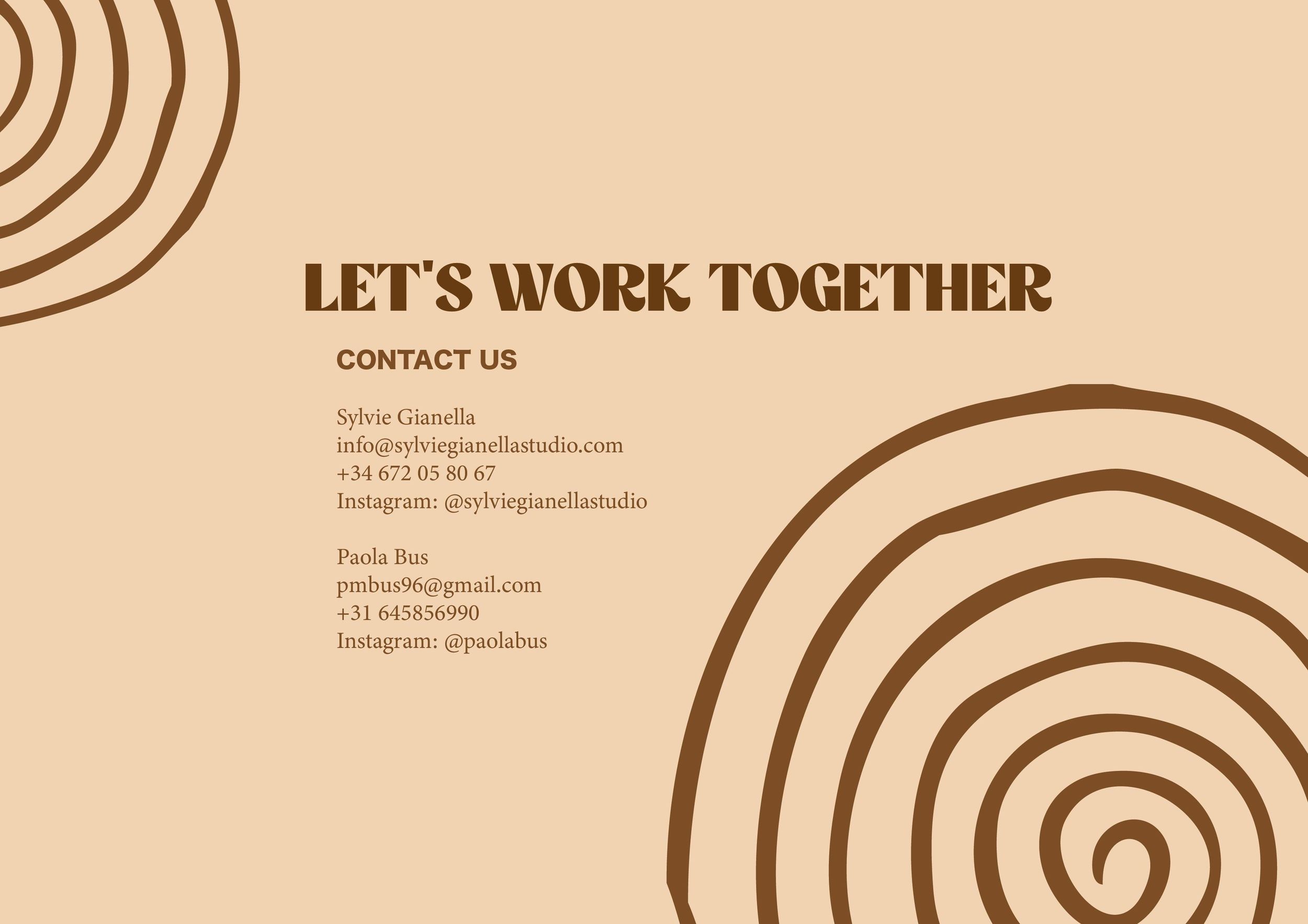 A minimal contact information design with circular patterns and text reading Let's Work Together.