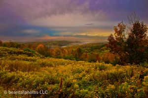 Dramatic sunset panorama over autumn hillside with golden wildflowers in foreground.