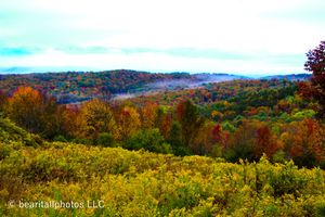 Panoramic autumn landscape showing rolling hills covered in vibrant fall foliage under a bright blue sky.