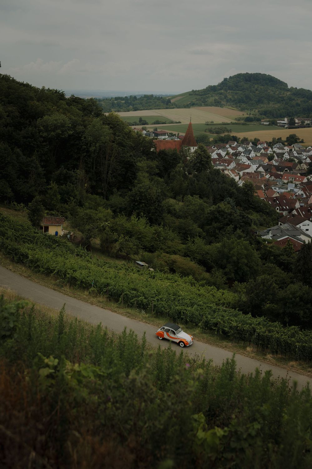 A rally car races along a scenic mountain road overlooking a quaint German village nestled in the countryside.