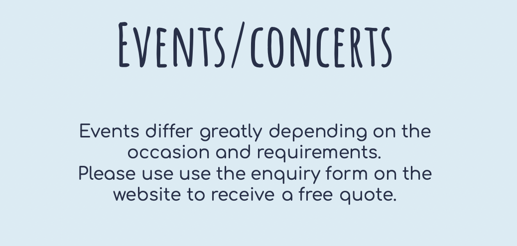 Event and concert photography pricing information requesting website inquiry for custom quotes.