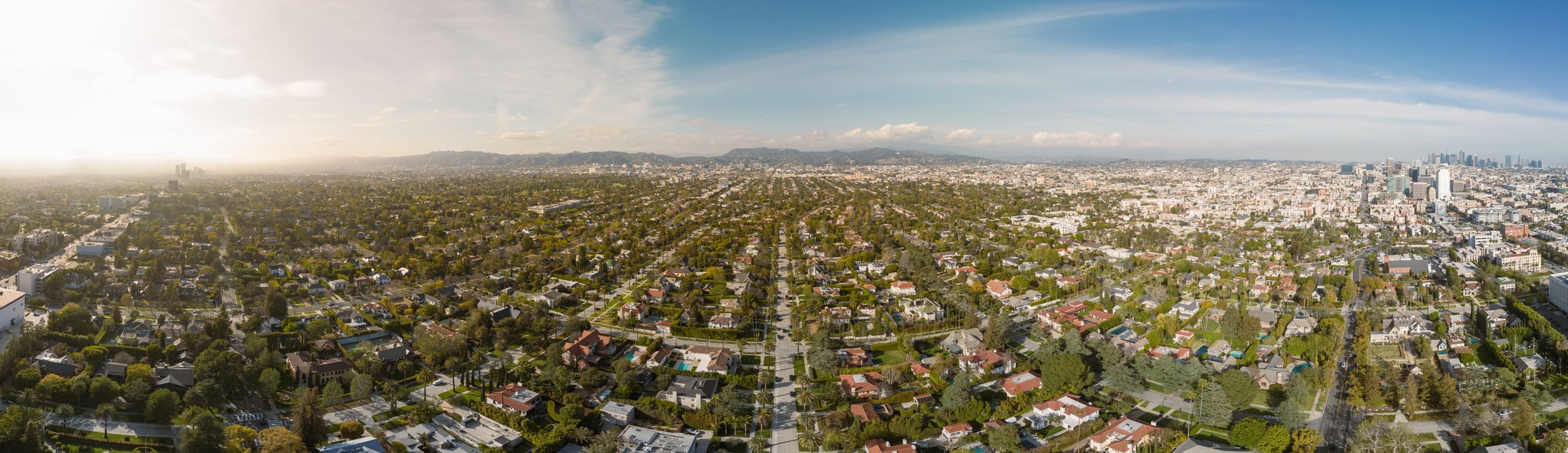 Bird's eye panoramic view of residential streets stretching toward a distant Los Angeles skyline.