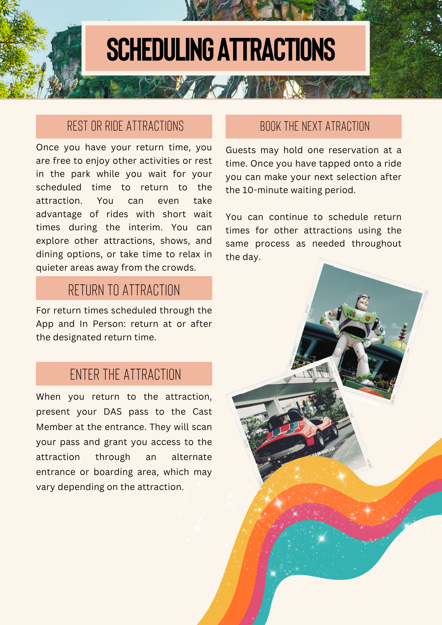 Instructions for scheduling return times and using Disney's attraction reservation system.