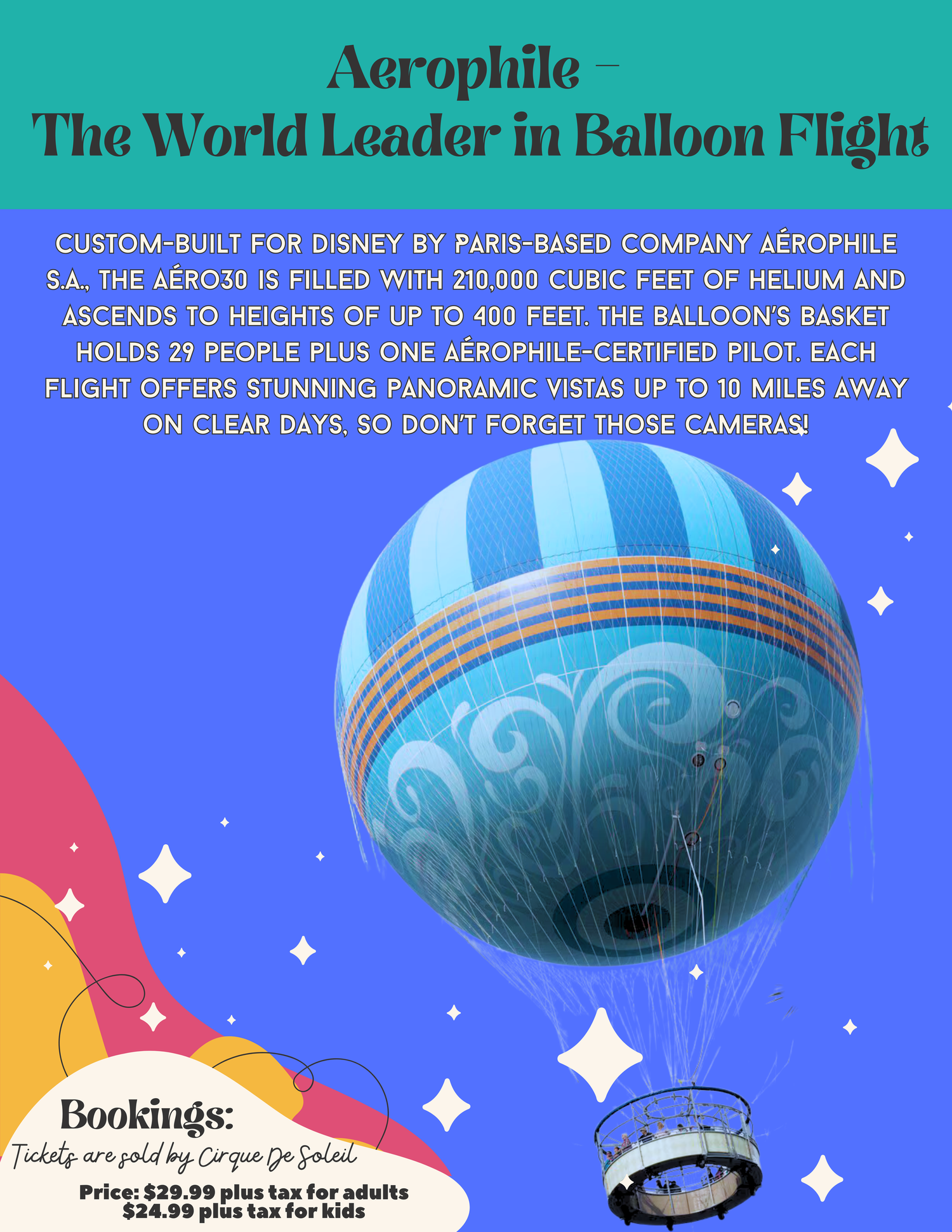 Promotional poster for Aerophile balloon flight at Disney featuring a large tethered helium balloon against a gradient sky.