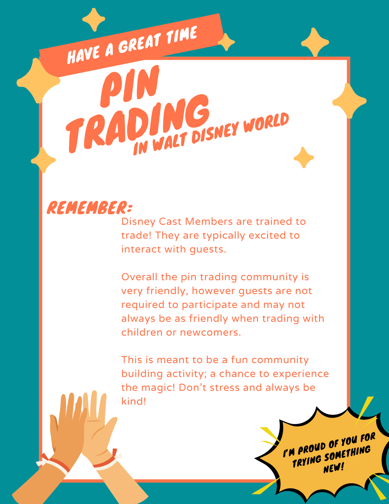 Guide page explaining Disney pin trading rules and etiquette with decorative hands reaching upward.