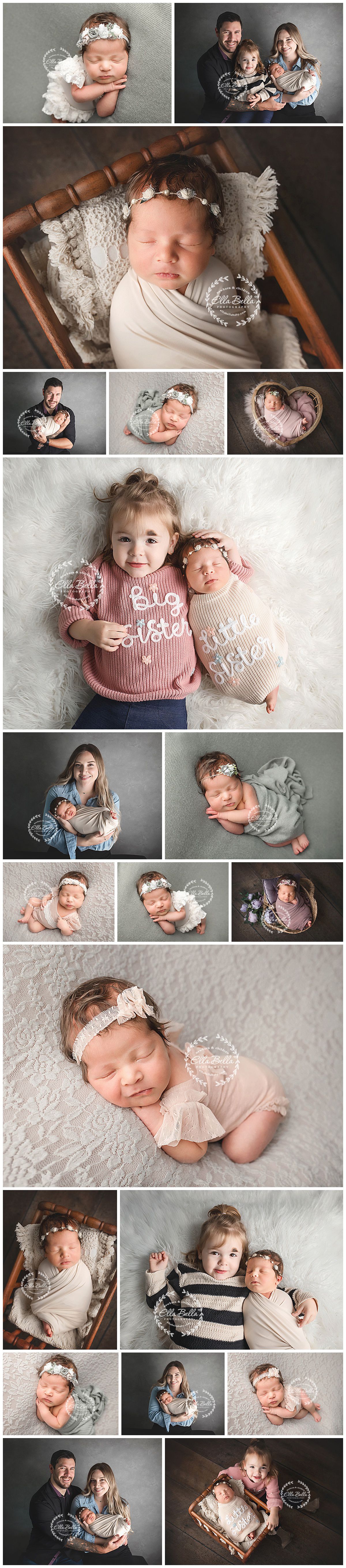 Professional newborn and family photo collage featuring soft pink and neutral tones with delicate lace and floral accents.