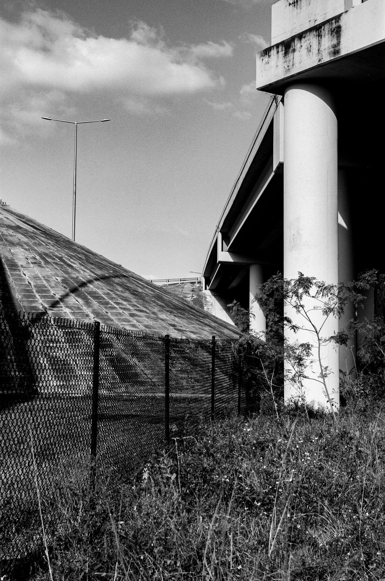 Concrete highway overpass structure with grassy slope and fence in black and white.