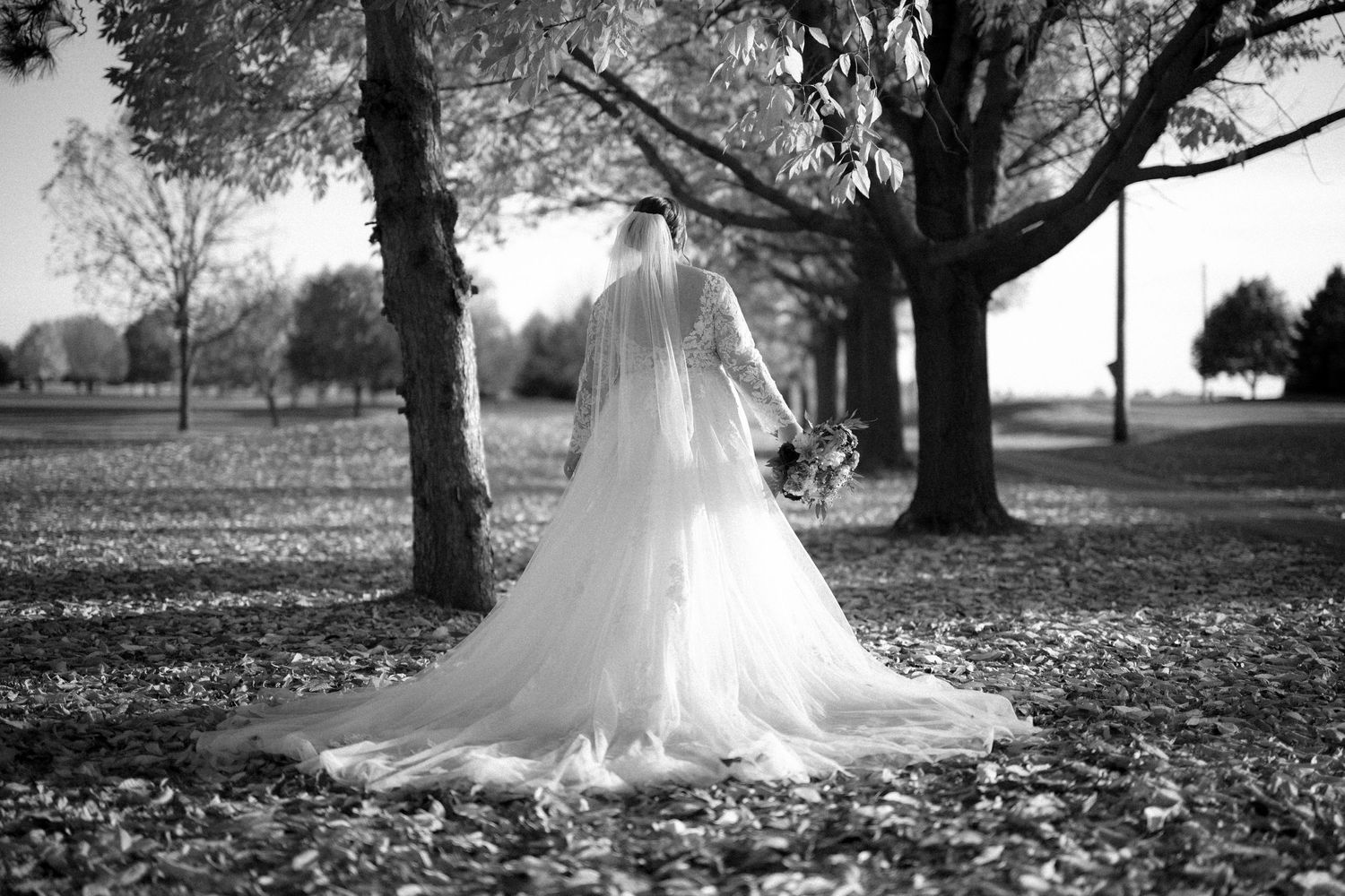 A black and white photograph showing a flowing wedding dress with a long veil in a park setting among autumn leaves.