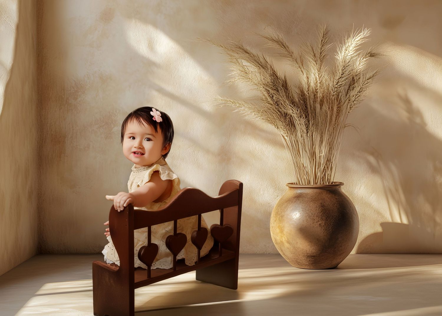 Artistic newborn photography series on weathered white wooden planks with fur accents.