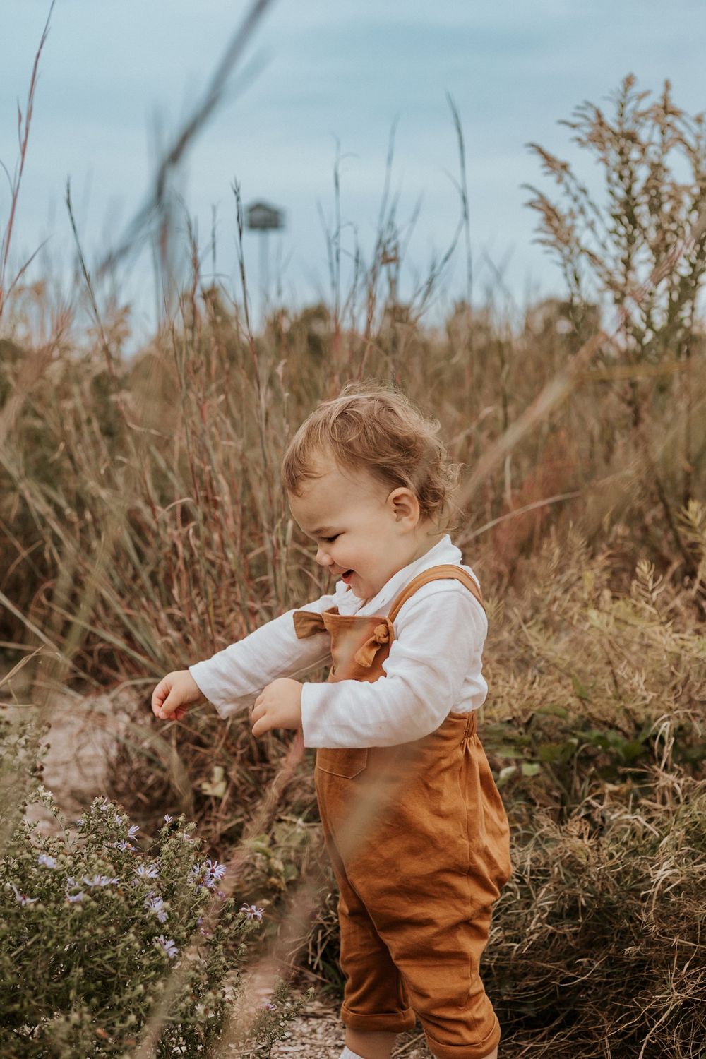 Toddler in brown overalls and white shirt smiling while exploring wildflowers in a field.