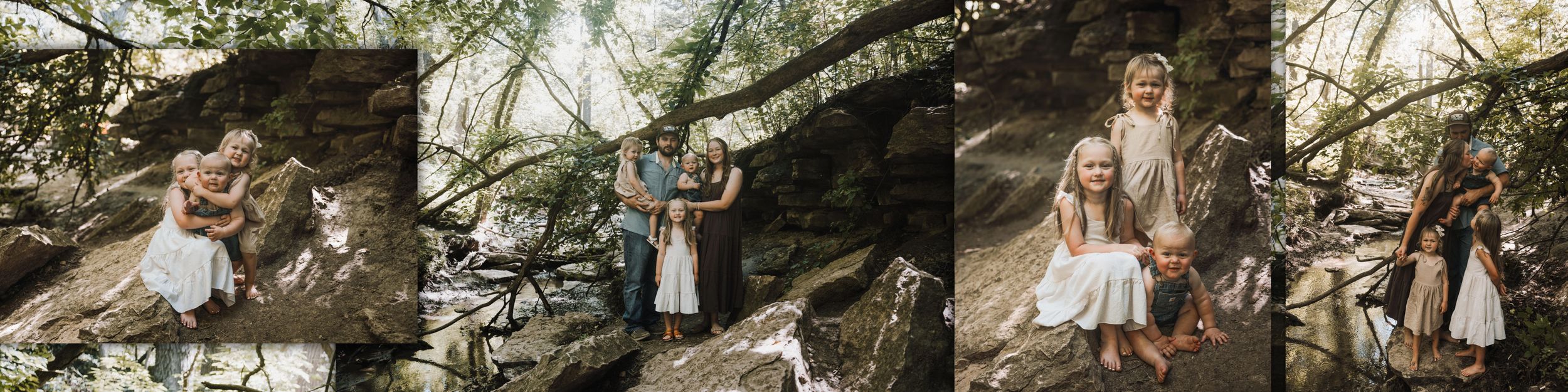 A couple in natural light embraces among mossy rocks and ferns during an outdoor photo session.