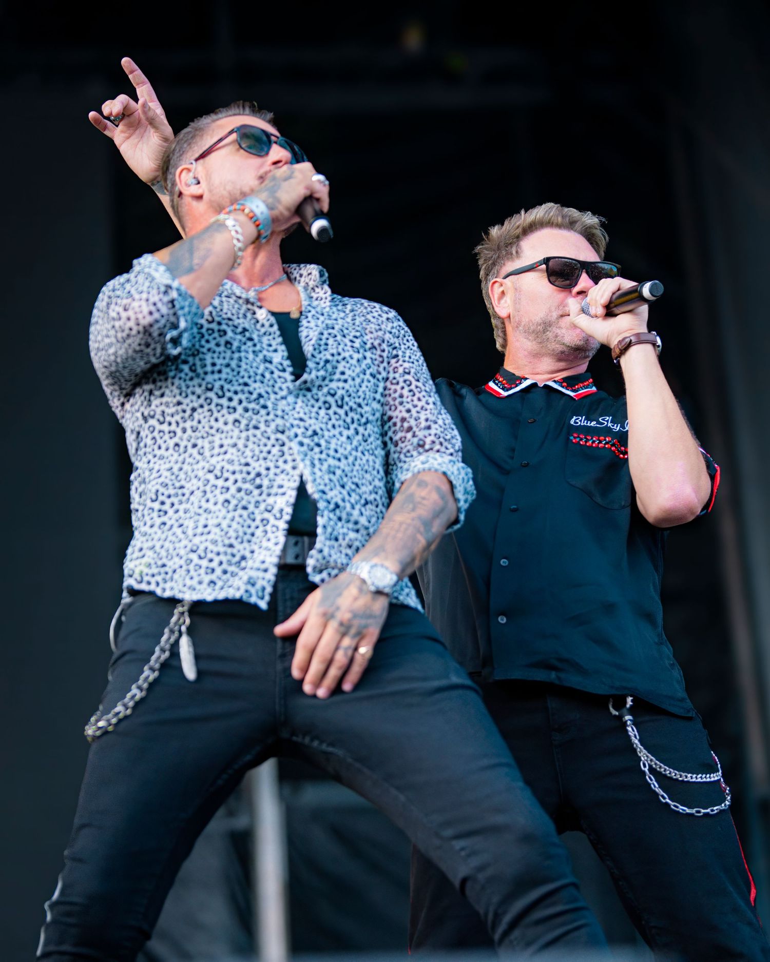 Musician performing on stage wearing a black and white leopard print shirt and sunglasses with energetic gestures.