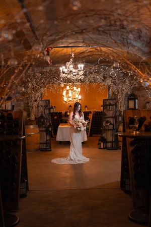 Elegant bridal scene under a rustic wooden archway with warm lighting and decorative details.