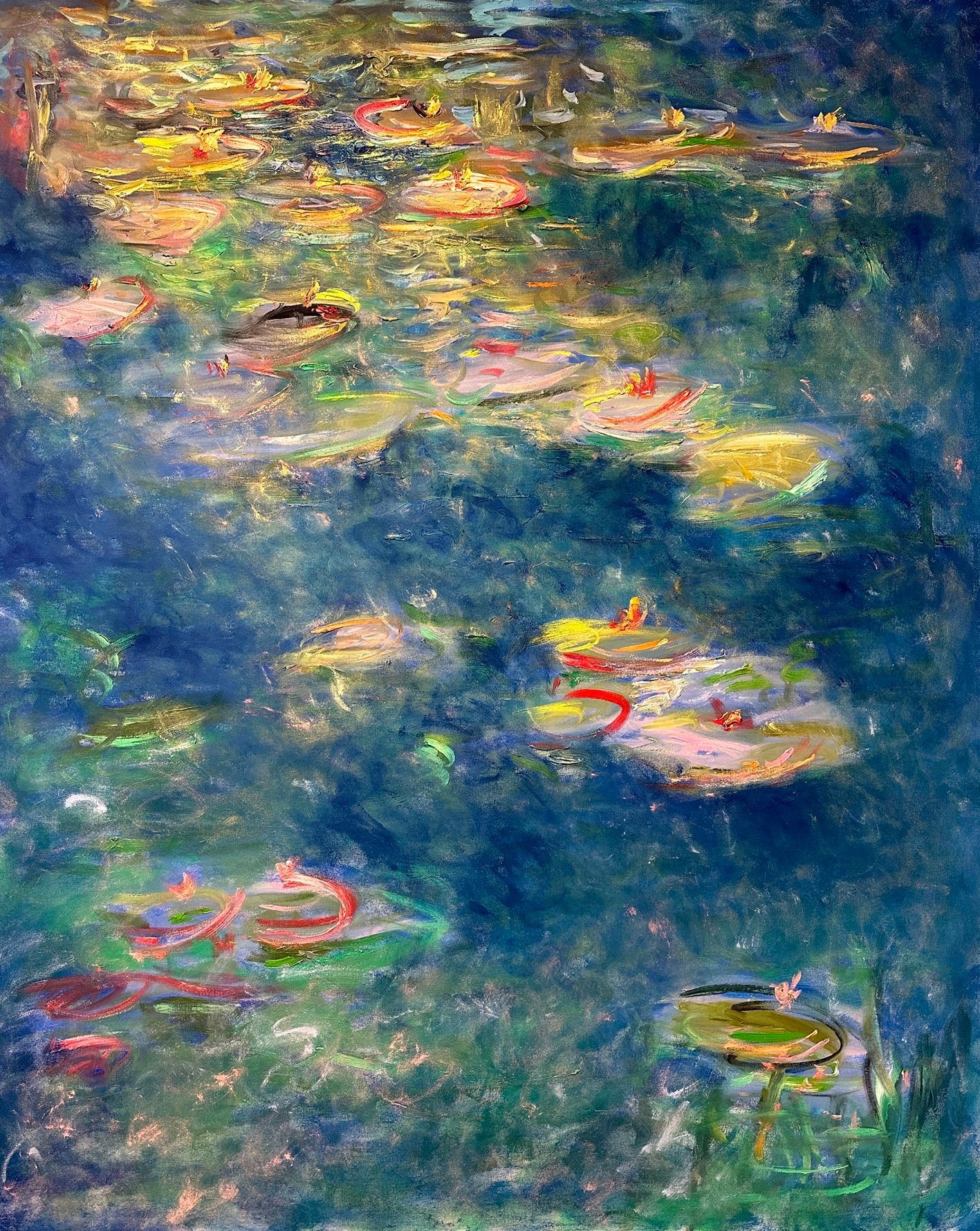 Abstract expressionist painting showcasing vibrant swirls of blue, pink, orange and green paint in dynamic brushstrokes.