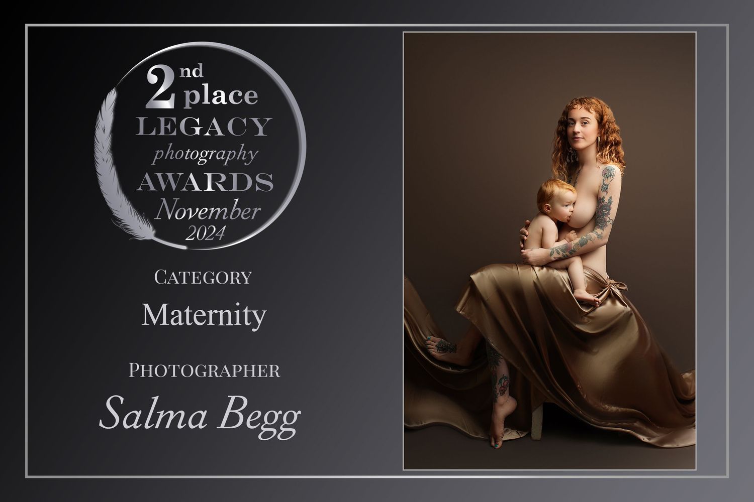 A photography award certificate showing second place in Legacy Photography Awards for maternity photography. Buttons & Bows Photography
