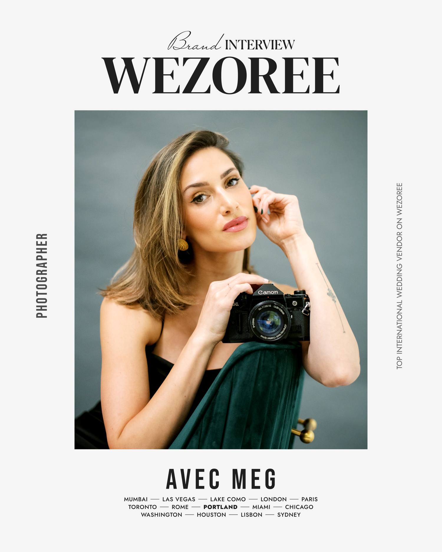 Black and white editorial layout showing professional photographer holding vintage camera.