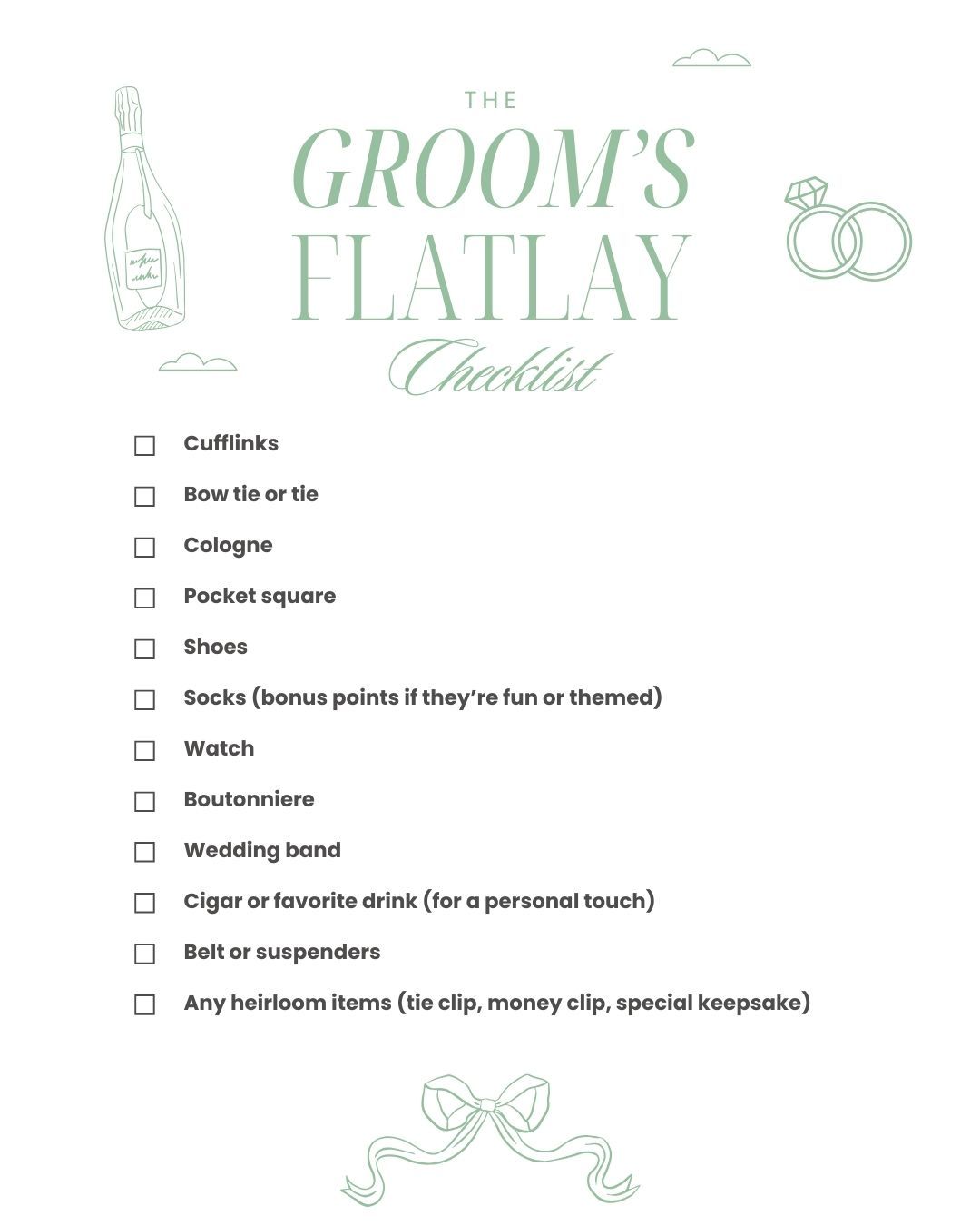 A wedding day checklist template with green text and icons showing items for the groom including accessories and attire.
