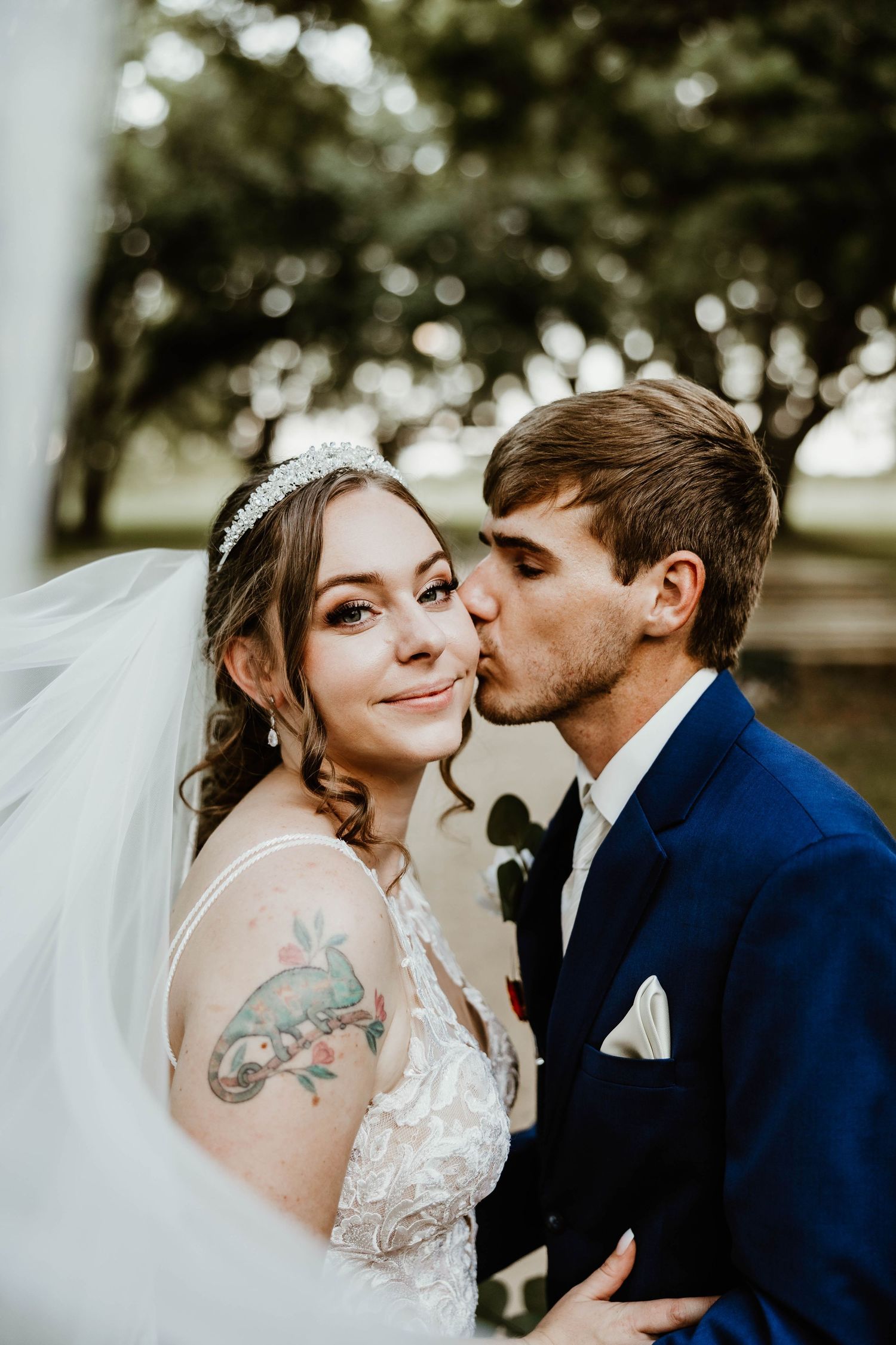 Romantic wedding portrait sequence captured outdoors with soft natural lighting.