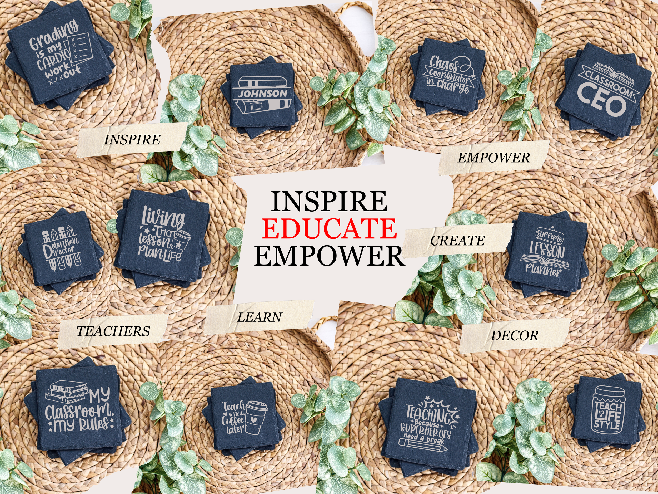 Chalkboard style signs with inspirational words 'Inspire Educate Empower' arranged on woven natural fiber background.
