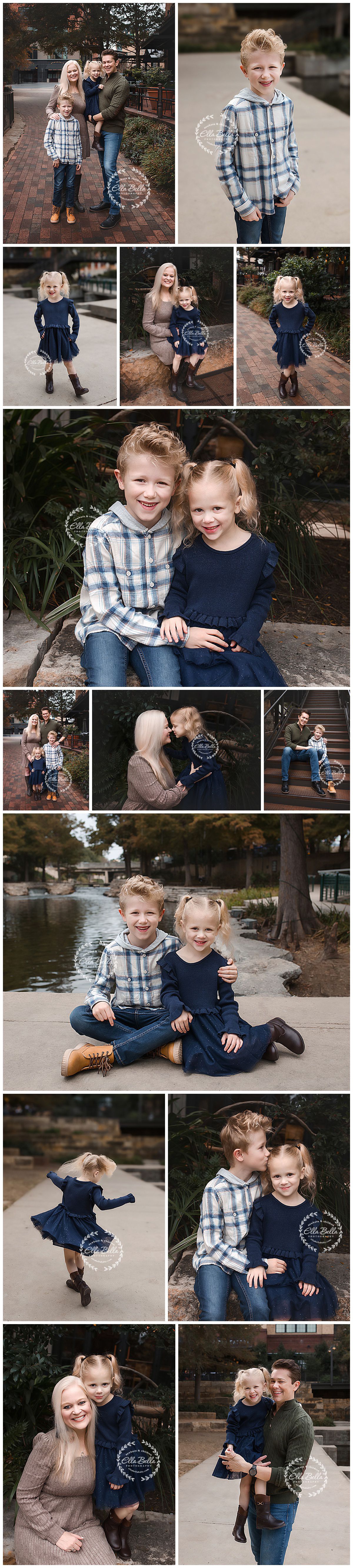 Family photo session in coordinating burgundy outfits against natural stone and garden backdrop.