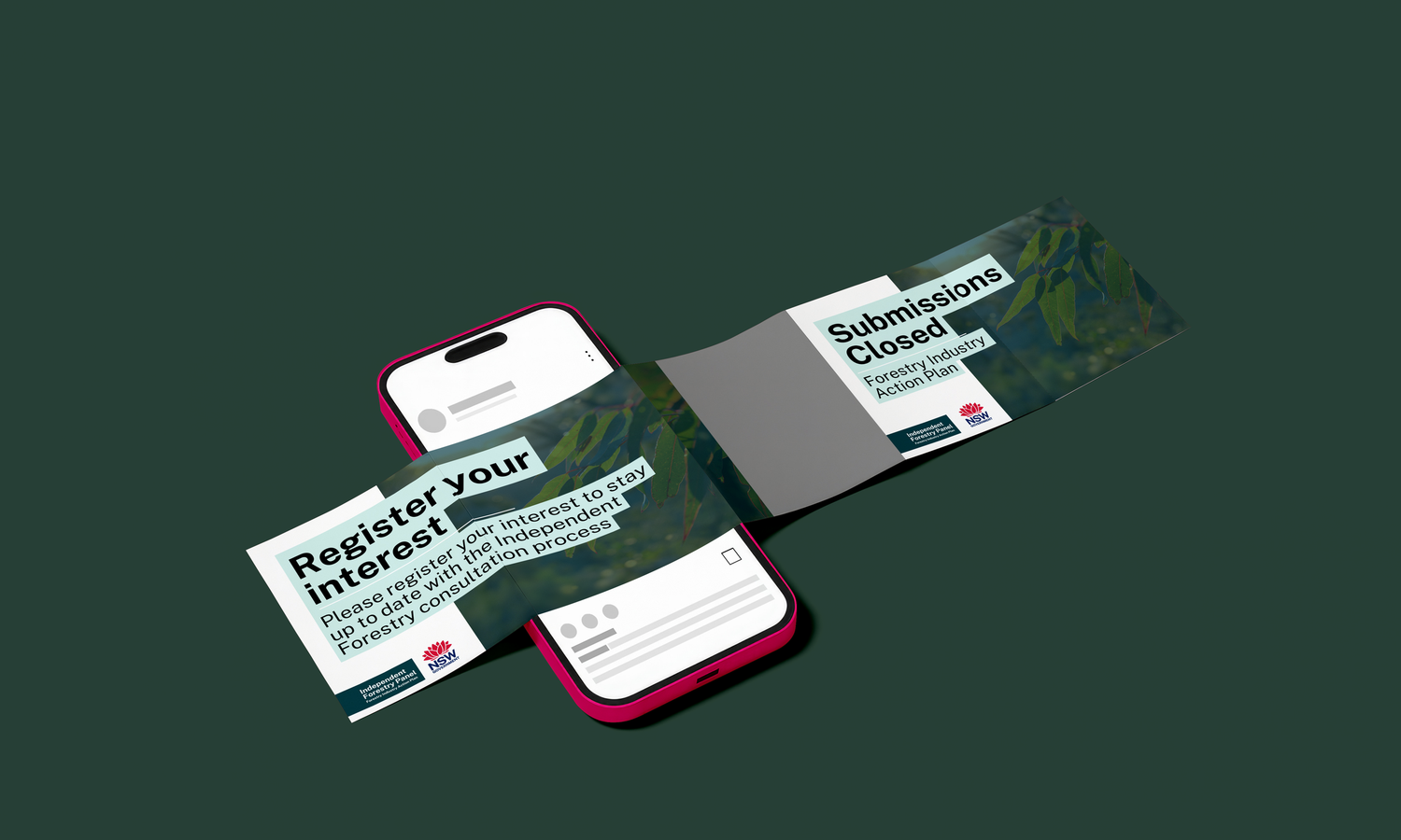 White business cards arranged on a dark green surface showcasing modern minimalist branding design.