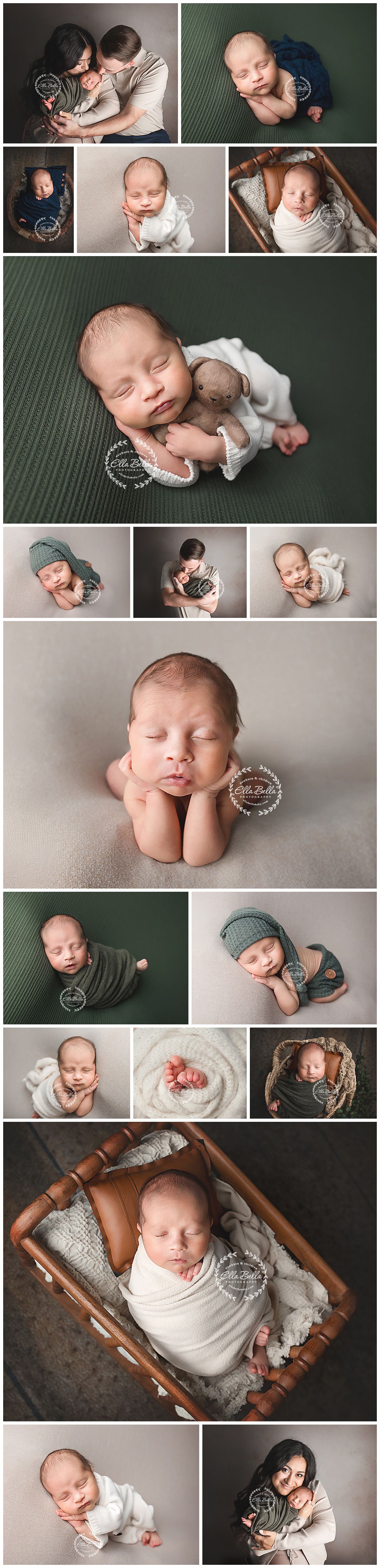 Newborn photography collage featuring peaceful sleeping baby poses in soft whites and greens with vintage wooden props.