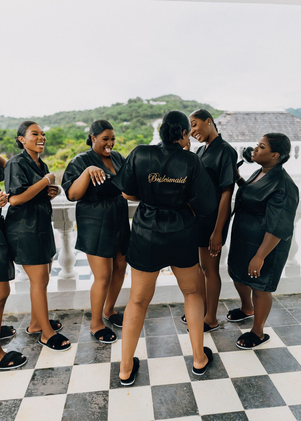 A creative wedding party photo sequence showing bridesmaids in black dresses posing playfully on a checkered floor.